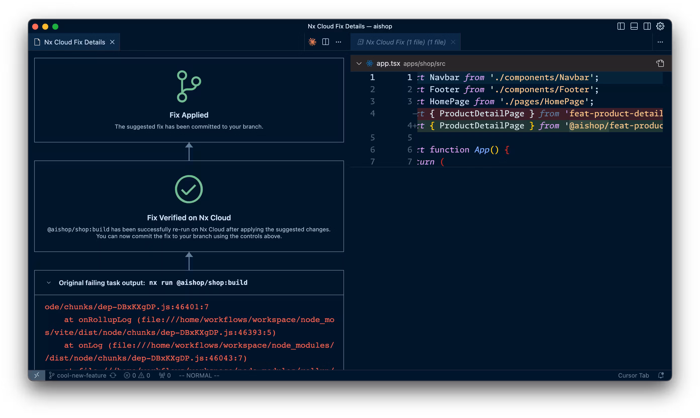 Nx Console view of the automated fix that has been applied to your PR